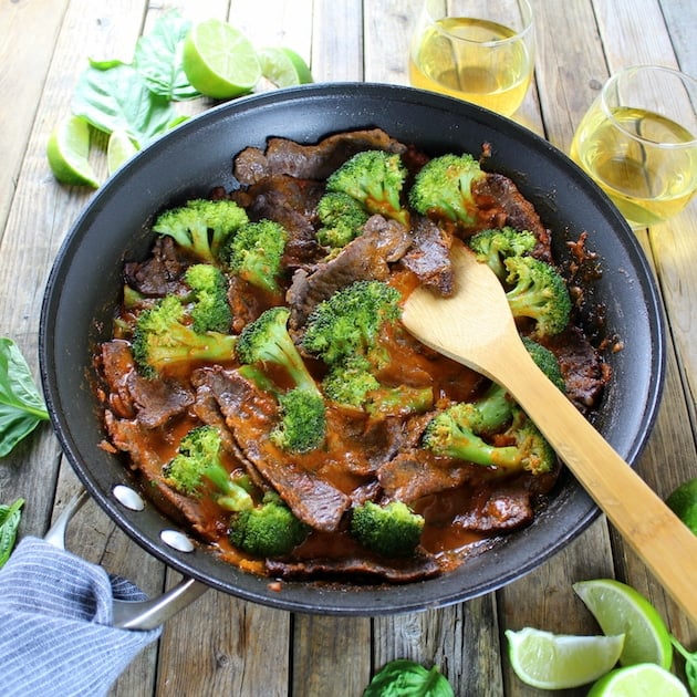 Thai Beef with Broccoli in saucepan