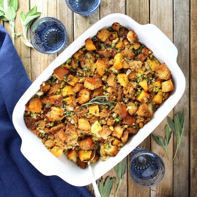 Turkey Stuffing cooked in casserole dish