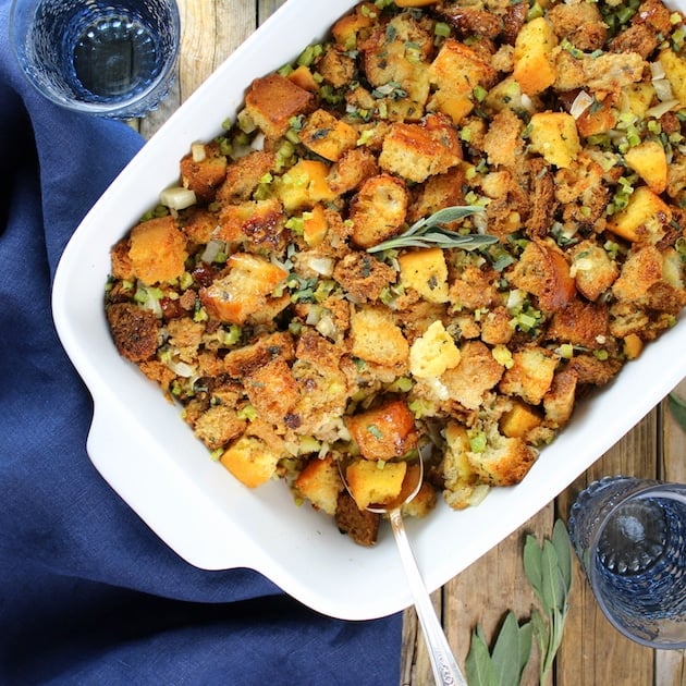 Turkey Stuffing cooked in casserole dish