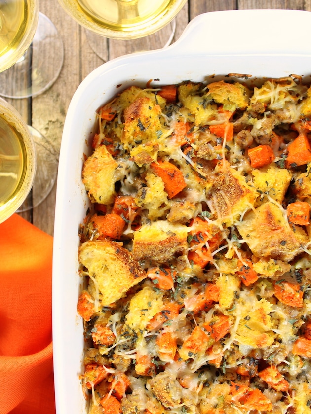 partial casserole dish butternut squash stuffing with italian sausage 