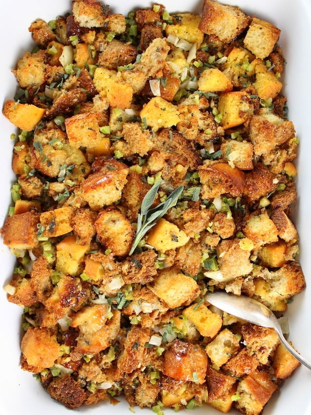 Closeup of Turkey Stuffing cooked in casserole dish