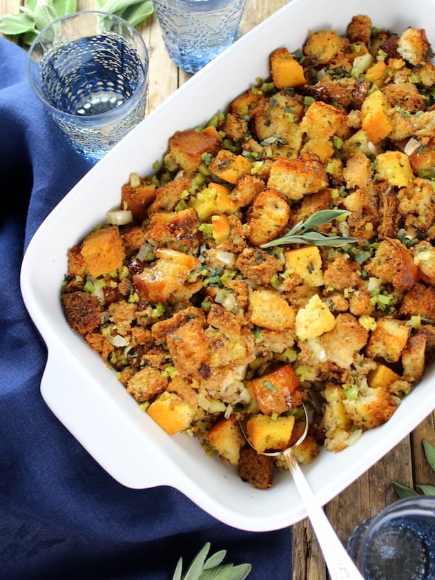 Turkey Stuffing closeup in casserole dish