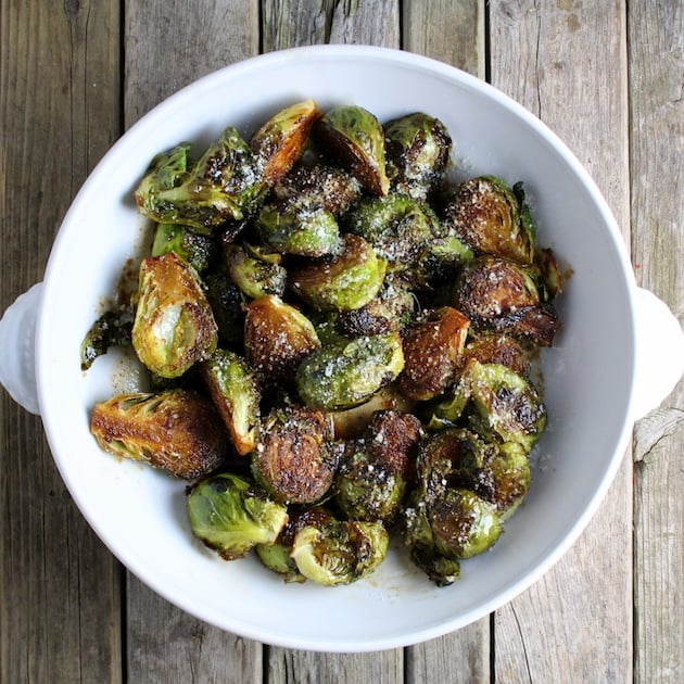 Balsamic Glazed Brussels Sprouts in a serving dish