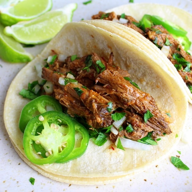 Beef barbacoa in flour tortilla shell with onions, cilantro, and jalapeno