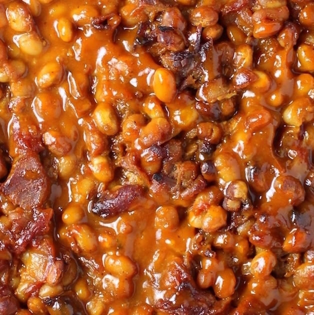 Closeup of baked beans with bacon