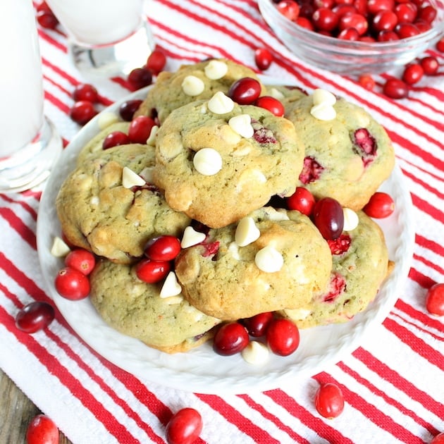 Plate full of Cranberry Orange Cookies with White Chocolate Chips