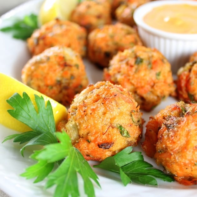 Eye level Salmon Cakes with Sriracha Lemon Aioli