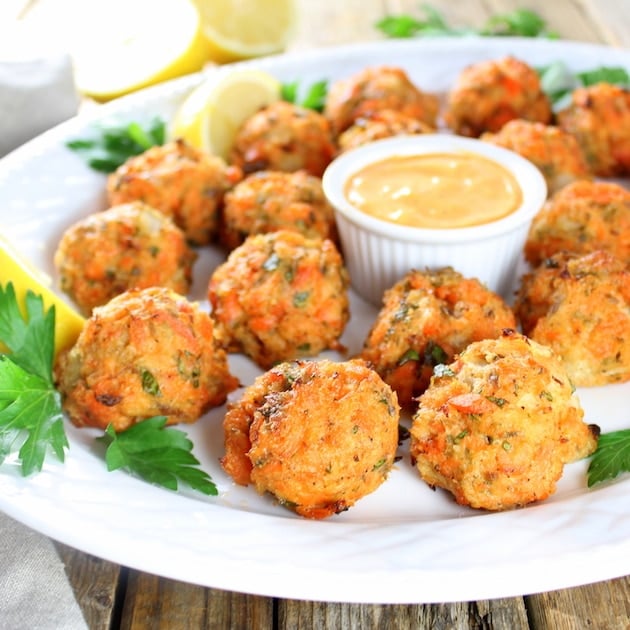 Platter of Salmon patties with Sriracha Lemon Aioli.