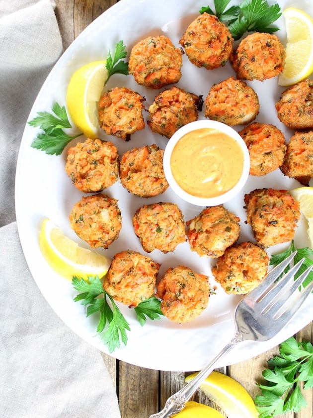 Partial platter Mini Salmon balls with Sriracha Lemon Aioli