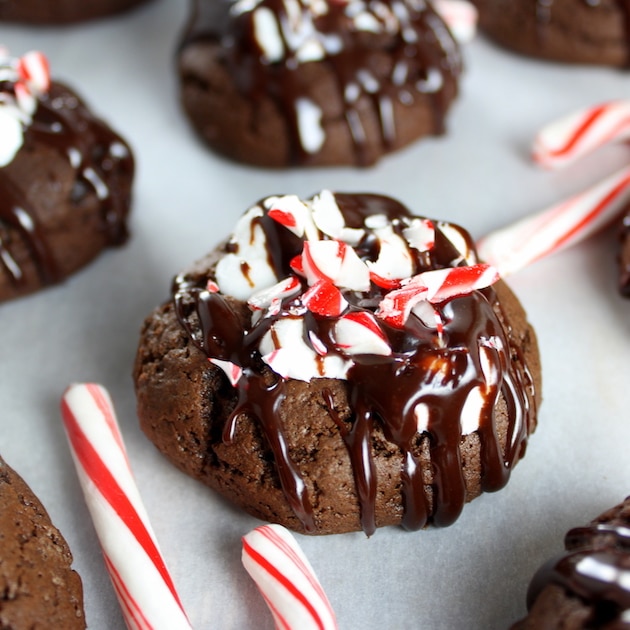 Eye level Chocolate cookies with fudge ganache topping and crushed candy canes