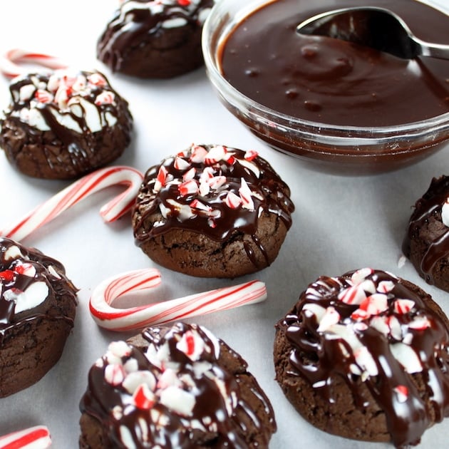 Chocolate cookies with ganache topping and crushed candy canes