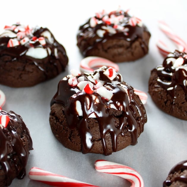 Close up Chocolate cookies with ganache topping and crushed candy canes