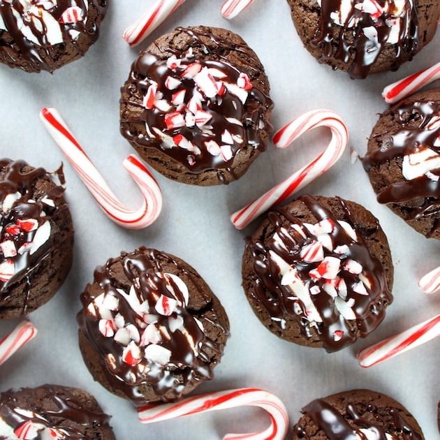 Chocolate cookies with ganache topping and crushed candy canes