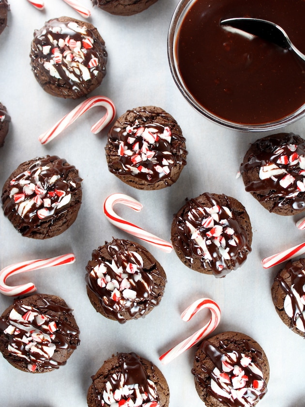 Chocolate cookies with ganache topping and crushed candy canes