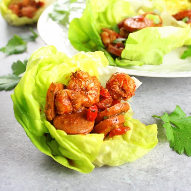 Close up eye level Andouille Sausage and Cajun Shrimp Lettuce Wraps