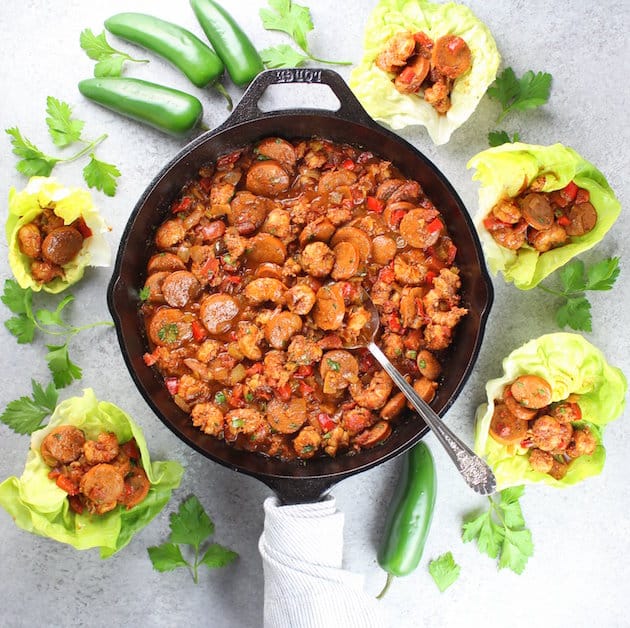 Skillet full of Andouille Sausage and Cajun Shrimp 