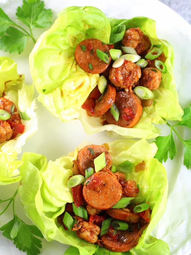 Close up of Andouille Sausage and Cajun Shrimp Lettuce Wraps