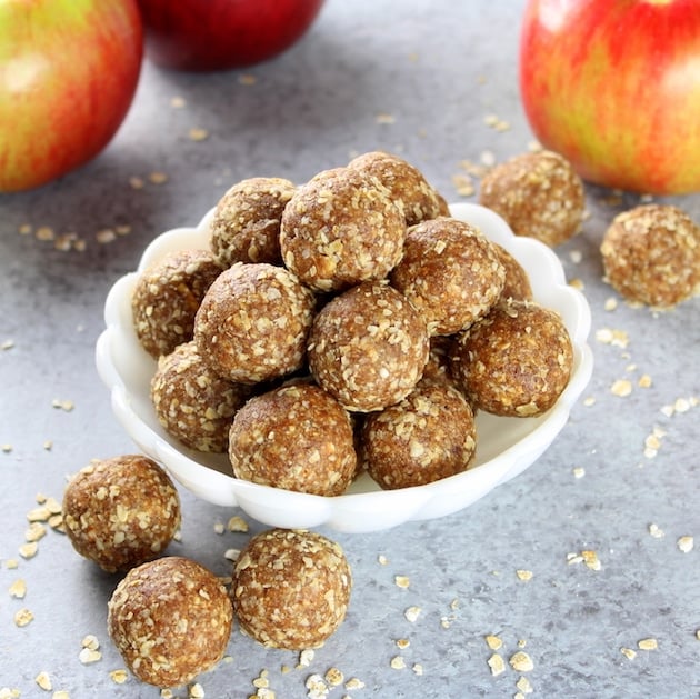 Apple Crisp Energy Bite balls in a dish