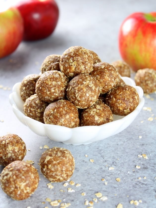 Eye level Apple Crisp Energy Bites on a table 