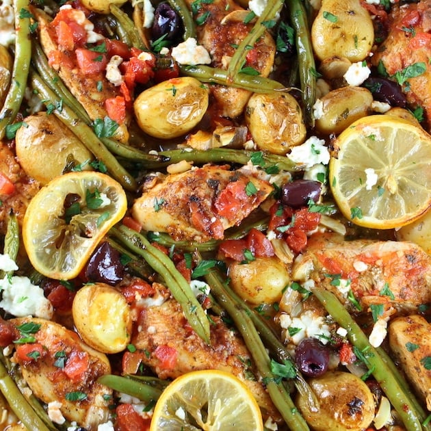 Close up Greek Chicken Sheet Pan Dinner with Green Beans and Feta
