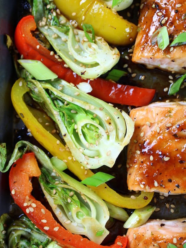 Close up of Honey-Lime Roasted Sheet Pan Salmon and Vegetables