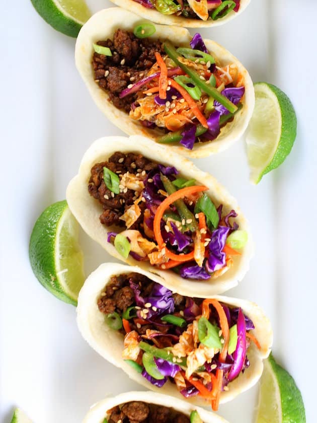 Close up of Korean Mini Taco Boats with Spicy Asian Slaw