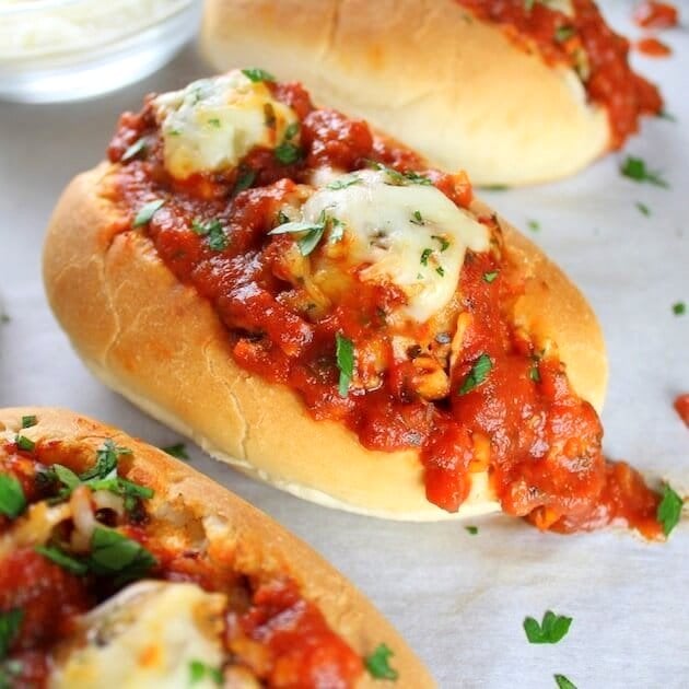 Italian Meatball Subs with melty cheese and red sauce