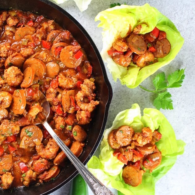 Partial platter of Andouille Sausage and Cajun Shrimp filling with Lettuce Wraps