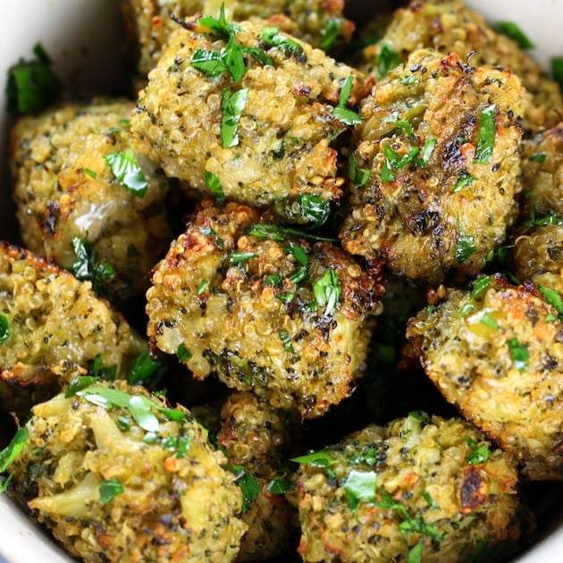 Close up of Baked Veggie Quinoa Tots in a bowl