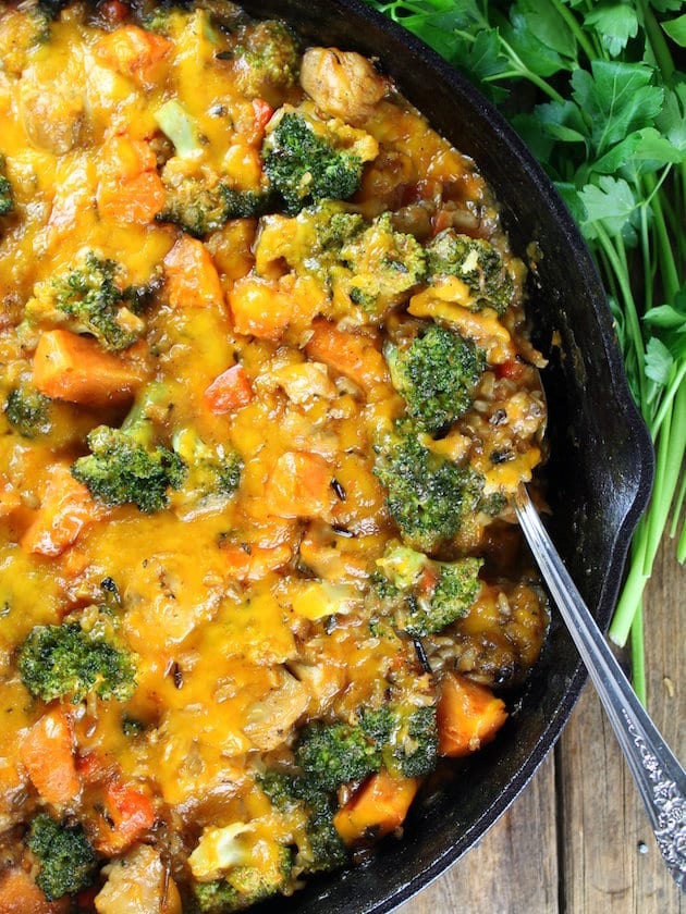 Partial skillet close up Chicken with Sweet Potatoes and Wild Rice