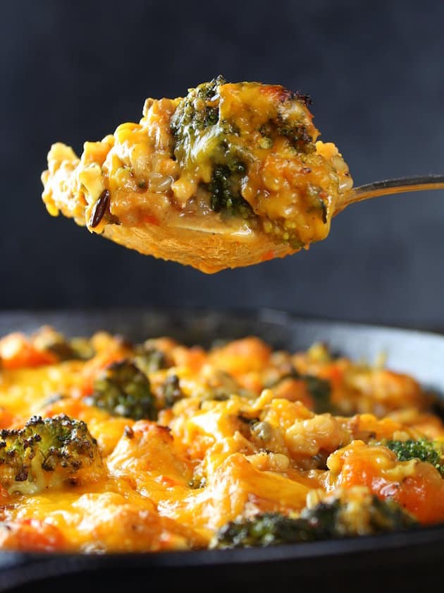 Close up spoonful of Chicken Skillet with Sweet Potatoes and Wild Rice