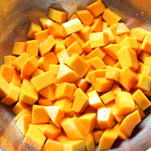 Cubed butternut squash in bowl