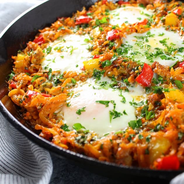 Close up partial view Sweet Potato and Chicken Sausage Breakfast Skillet