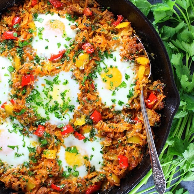 Partial Pan Sweet Potato and Chicken Sausage Breakfast Skillet