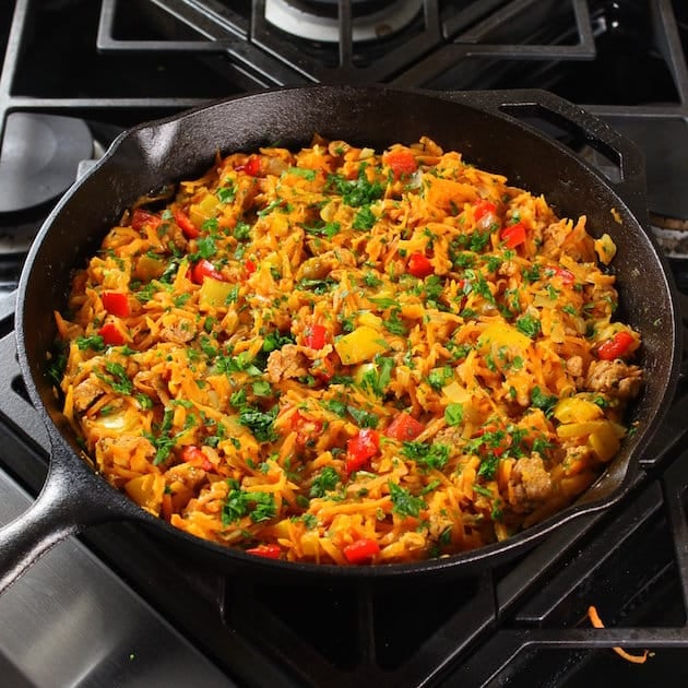 Breakfast skillet cooking on stovetop