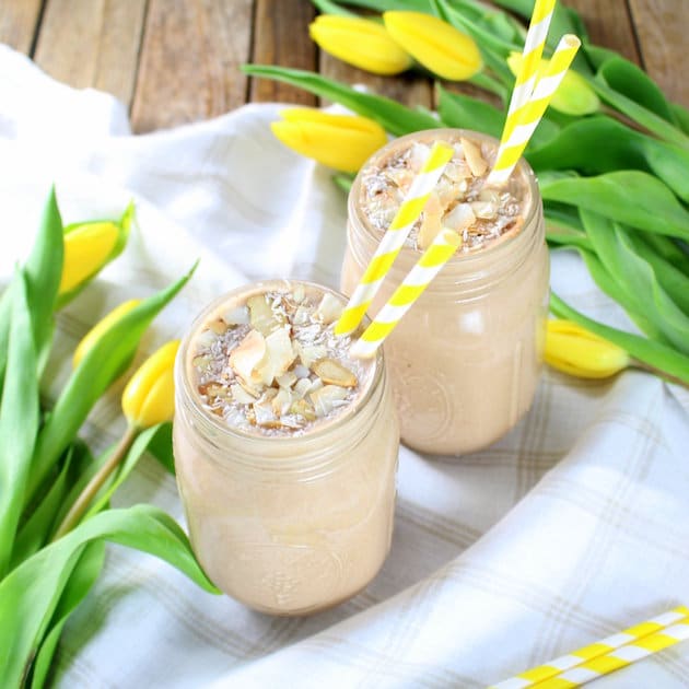 Coconut Chocolate Protein Smoothie in mason jar