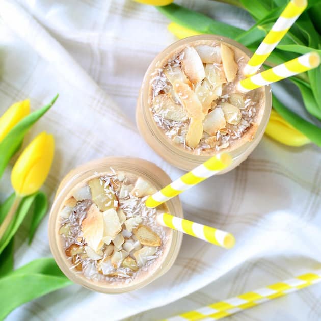 Two mason jars with chocolate smoothies