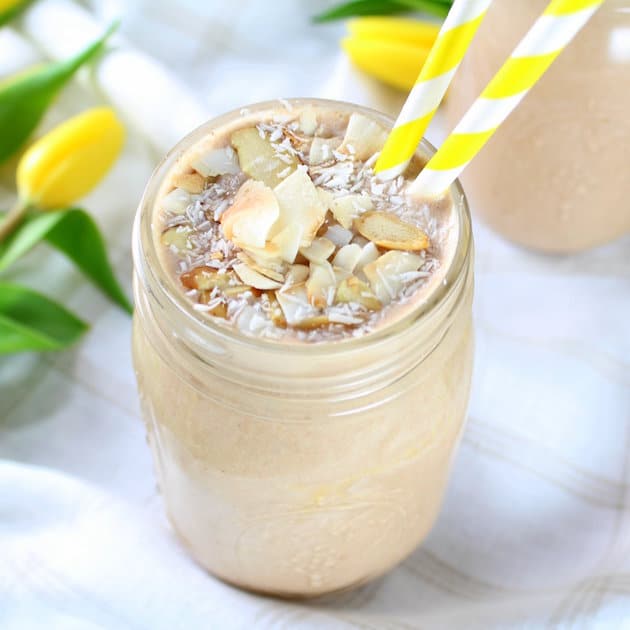 Coconut Chocolate Protein Smoothie in mason jar