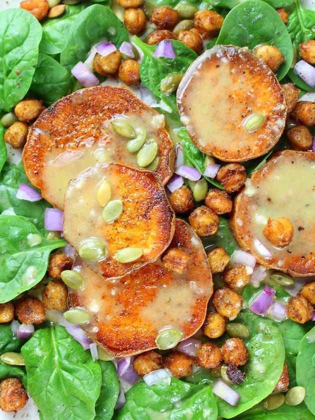 Closeup of Sweet Potatoes and Chickpeas on greens