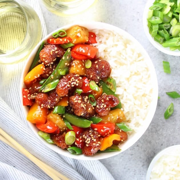 Sweet and Sour Shrimp Bowl : tangy sweet sauce with pineapple, peppers, onions and snap peas over light and fluffy rice.