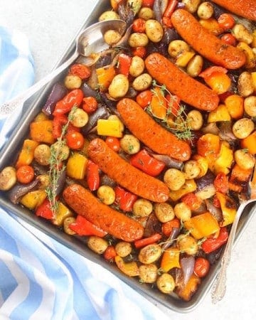 Sheet pan dinner with chicken sausage and fall vegetables