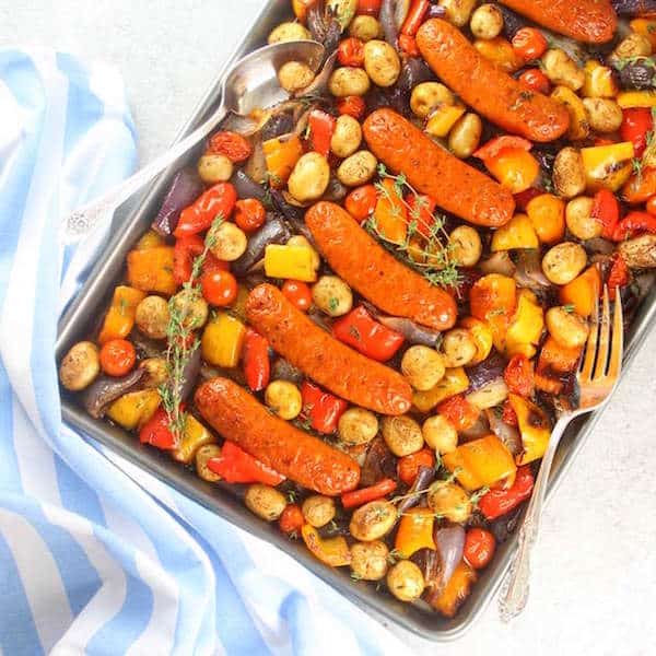 Sheet pan dinner with chicken sausage and fall vegetables