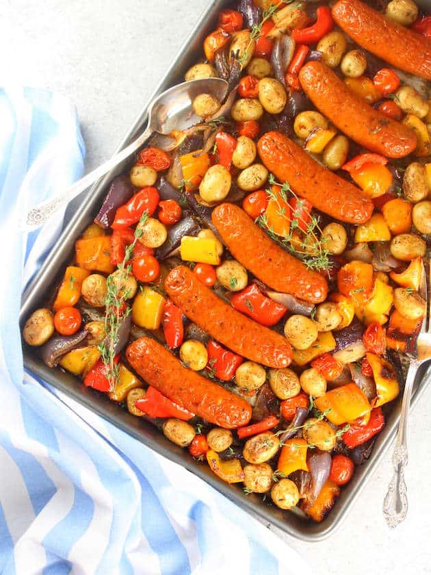 Andouille Chicken Sausage and Veggies on a baking sheet 