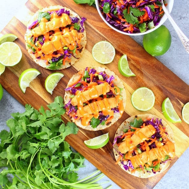 Fish tacos on cutting board