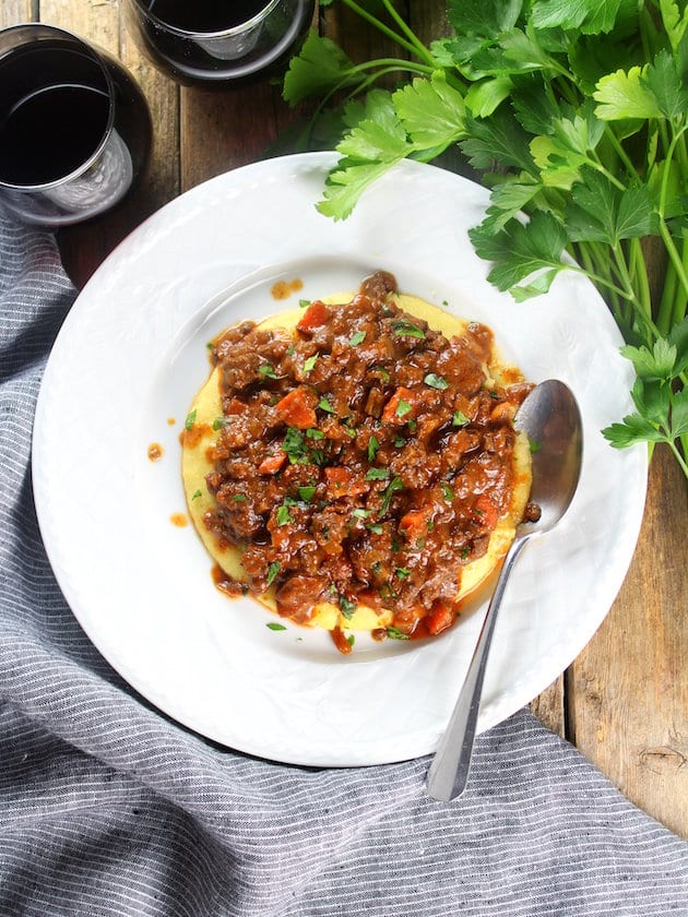 Easy Parmesan Polenta Bolognese on a plate 