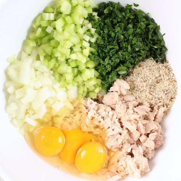 Bowl of ingredients for tuna casserole ready to mix together