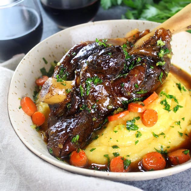 Slow Cooked Lamb Shanks with Polenta and red wine