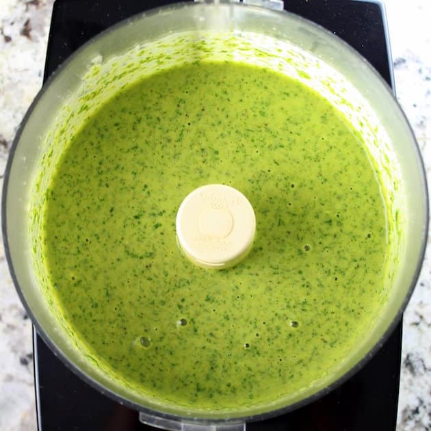 Green chili sauce in a food processor