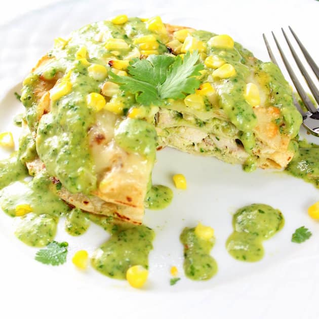 Stacked Chicken Enchiladas With Cheesy Poblano Sauce Taste And See