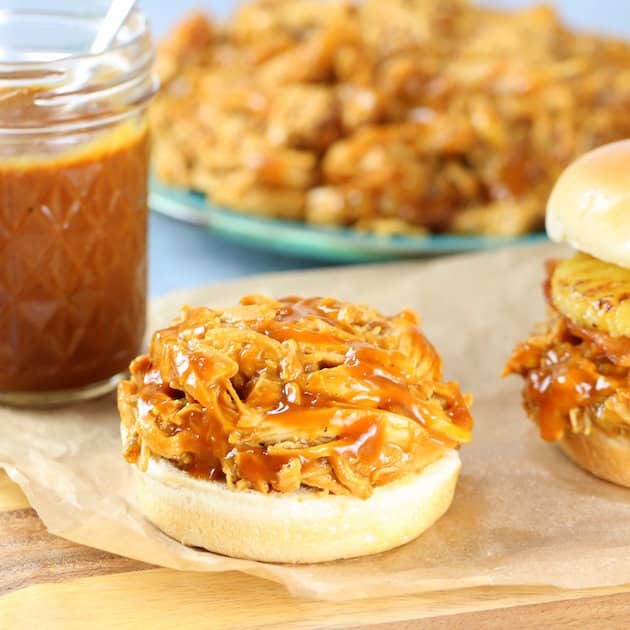 Open faced pulled chicken slider on bun